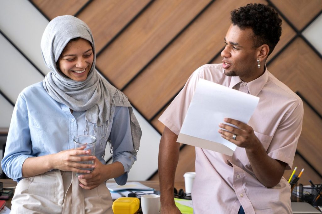 front view smiley people chatting 23 2149546227