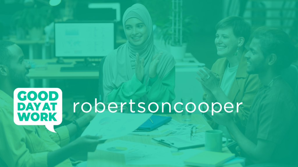 Workers around a desk with green overlay and Robertson Cooper logo