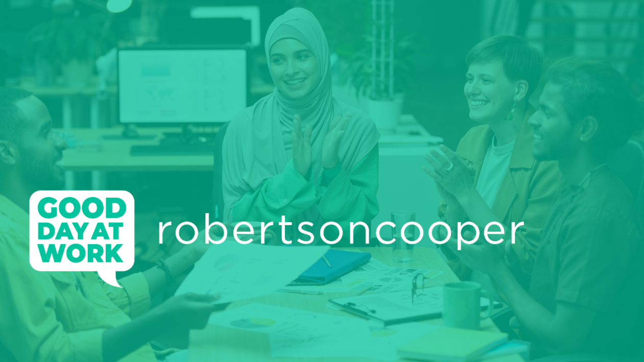Workers around a desk with green overlay and Robertson Cooper logo